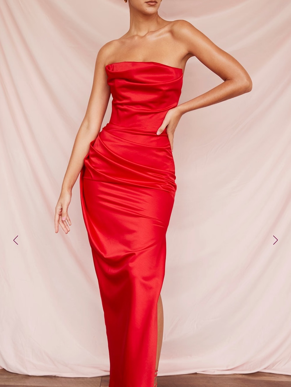 House of CB ADRIENNE Scarlet Satin Strapless Gown